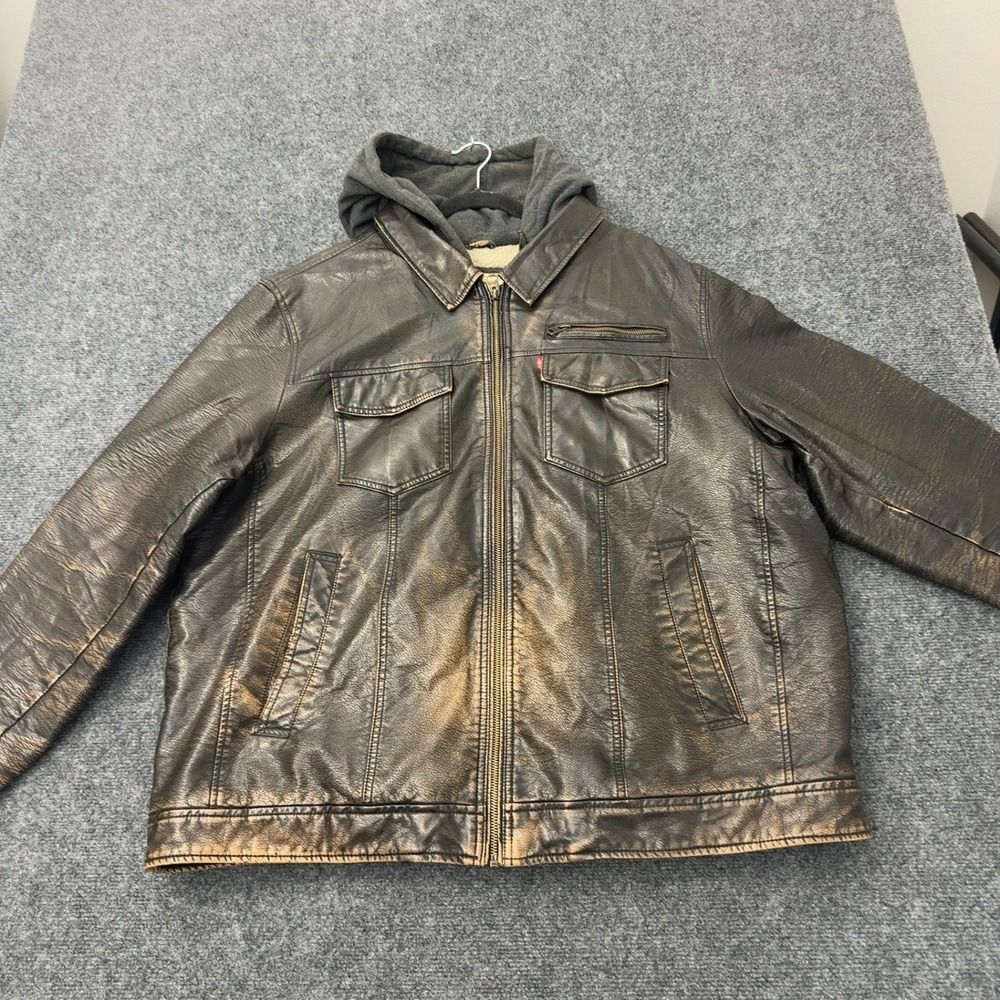 Levis Jacket Mens XXL Brown Faux Leather Sherpa Lined Hooded Distressed Biker